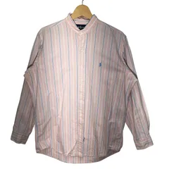 Ralph Lauren ラルフローレン ノーカラーシャツ 長袖 シャツ ボタンダウン ワンポイントポニー刺繡 オーバーサイズ ビッグシルエット 15 1/2サイズ ライトピンク