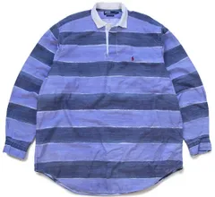 90s ポロ ラルフローレン ラガータイプ 太ボーダー プリント コットンシャツ XL★オールド ロゴ刺繍 ワンポイント ビッグサイズ