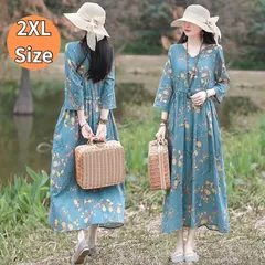ロングワンピース 花柄 2XL 長袖 大きいサイズ 北欧ブルー アジアン ウエスト切り替え 脚長 フレアデザイン 体型カバー エスニック風 ゆったり シフォン素材 上品 おしゃれ カジュアル リゾート 春夏秋 レディース ワンピ