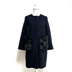新品clearクリアフォックス袖ファーノーカラーロングコートネイビー 