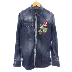 ディースクエアード DSQUARED2 マルチワッペンデニムシャツ カジュアル 長袖 レギュラーカラー ロゴ ダメージ加工 USED加工 46 インディゴ S74DM0030 /BB