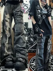 ヴィンテージ ウォッシュ パッチワーク カーゴ ジーンソン ユニセックス ミニフレア Long パンツ