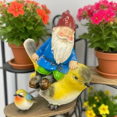 置物 オブジェ ガーデンオーナメント 小鳥の上に乗っている小人 室内 屋外 インテリア 玄関 リビング ダイニング 装飾 庭 ガーデニング 装飾 ガーデン 樹脂 可愛い ギフト インテリア用品 贈り物