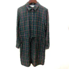 クミキョク 組曲 KUMIKYOKU シャツワンピース タイト ひざ丈 長袖 チェック ウエストマーク 1 緑 グリーン /RT