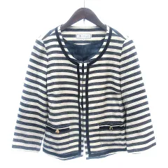 ロペピクニック ROPE Picnic ノーカラージャケット 総裏地 ボーダー 七分袖 40 L アイボリー 白 ホワイト /AU