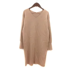 ミラオーウェン Mila Owen ニットワンピース ひざ丈 Vネック リブ 長袖 O ベージュ /MS