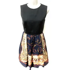 ロイスクレヨン Lois CRAYON ワンピース Aライン ひざ丈 ノースリーブ 総柄 M 黒 ブラック 紺 ネイビー /RT