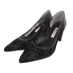ダイアナ DIANA パンプス シアー レース ポインテッドトゥ チャンキーヒール 花柄 フロッキー 22cm 黒 ブラック