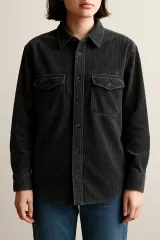 ユニクロ チャコール コーデュロイ 冬シャツジャケット M レディース 低身長フィット (袖丈 56cm に裾上げ