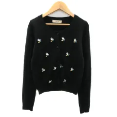 ミーア MIIA カーディガン ミドル丈 Uネック ラインストーン 無地 F 黒 ブラック /YK1