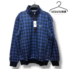 訳あり／B級品／未使用／タグ付き／FILA／フィラ／メンズ／ゴルフ／スポーツ／ウェア／長袖／総柄／派手／ハーフジップ／トップス／黒／ブラック／青／ブルー／高級感／上品／L