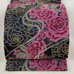 【美品】 袋帯 秀品 振袖向き 薔薇 流水 金通し 金銀糸 墨色 六通 正絹 【中古】