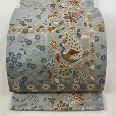 【美品】 袋帯 秀品 孔雀 花唐草 金糸 箔 青灰色 六通 正絹 【中古】