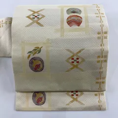 【美品】 名古屋帯 秀品 葉 幾何学 クリーム 正絹 【中古】