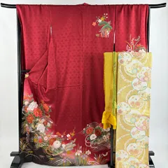 【美品】 振袖 身丈169cm 裄丈67.5cm L 袷 袋帯フルセット 花筏 蝶 金彩 染め分け 赤 正絹 秀品 【中古】