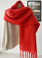 【レッド】マフラー ストール 大判 厚手 ビッグサイズ 大きい レディース フリンジ 防寒 ふわふわ 暖かい ふわもこ 冬 可愛い 通勤 通学 韓国風 おしゃれ