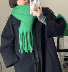 【グリーン】マフラー ストール 大判 厚手 ビッグサイズ 大きい レディース フリンジ 防寒 ふわふわ 暖かい ふわもこ 冬 可愛い 通勤 通学 韓国風 おしゃれ