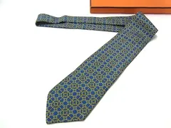 ■新品同様■ HERMES エルメス シルク100％ 総柄 ネクタイ  紳士 メンズ ブルー系×イエロー系 BS0939