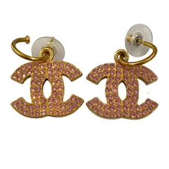 良品 CHANEL シャネル ラインストーン ココマーク ピアス ピンク ゴールドカラー レディース 古着 中古 USED