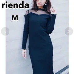 【rienda リエンダ】シアーコンビフリルタイトワンピース 黒 ブラック M 長袖ワンピース ドットチュール ドッキング
