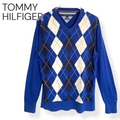 TOMMY HILFIGER トミーヒルフィガー ブルー アーガイル 長袖セーター Vネック PIMA COTTON M Mサイズ メンズ きれいめ カジュアル 821KZ