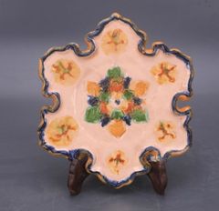 唐三彩 彩色絵 復古紋 多角形皿 磁器 骨董 家居装飾 置物