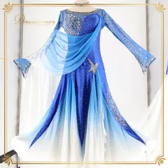 社交ダンス 衣装 スタンダード ドレス スタンダードドレス ワンピース フロート レース 青 白 上品 綺麗 高級感 デモ 競技 ダンス パーティ 発表会 ホワイト系 ブルー系 グラデーション スカート 大人用 エレガント シンプル おしゃれ パーティー用