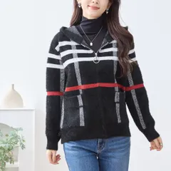 【新品】【送料込】TRUBE チェック柄フードデザインシャギーニットジャケット【M~L】ブラック