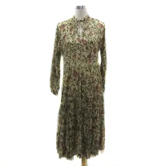 ザラ ZARA ワンピース ロング丈 長袖 スリットネック 花柄 リボン XS マルチカラー ベージュ /YS28