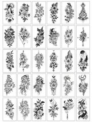 30枚セット 防水 TATTOO 入れ墨シール ボディーシール 薔薇 モノトーン タトゥーシール フラワーアレンジメント 018
