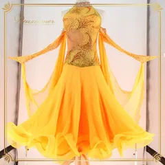 社交ダンス 衣装 スタンダードドレス スタンダード ドレス ワンピース イングランド製 黄色 フロート 鮮やか デモ 競技 ダンス パーティ 発表会 イエロー系 オレンジ系 スカート二重 輝く ダンスウェア フォーマル 練習用 おしゃれ 豪華 ステージ衣装