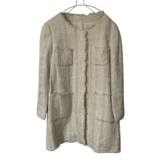 Z1614【美品】NOLLEY'S ノーリーズ ツイードノーカラーコート ロングジャケット アイボリー サイズ38