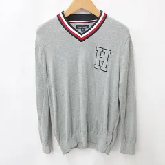 トミーヒルフィガー TOMMY HILFIGER ニット セーター 長袖 Vネック 刺繍 テープ 綿 グレー ネイビー レッド ホワイト 紺 白 赤 XL