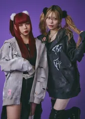 新品【GALFY×KUROMI】イルガルフィームラ染めZIPパーカー / 【ガルフィー×クロミ】ロゴ長袖ジップアップパーカー