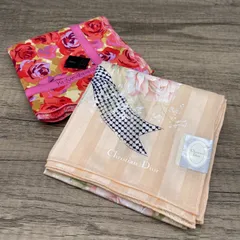 W-0038【新品未使用】◆ ChristianDior YvesSaintLaurent 大判ハンカチ ストライプ 総柄 ローズ コットン100% 2枚セット ◆