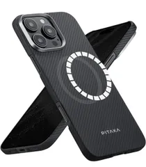 ★「PITAKA」 iPhone16 Pro用ケース 極薄 アラミド繊維製 MagSafe対応 超極薄・超軽量 カーボン風 ワイヤレス充電対応（600D 黒/グレー）