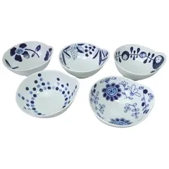 西日本陶器 食器 器 ボウル 中鉢 とんすい 5個 セット 有田焼 持ちやすい絵変りボウル 5柄組 白/紺色 約径13.5×最大幅14.3×高7.3 1