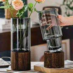 置物 花器 木製ベース 円筒形花瓶 北欧 おしゃれ ヴィンテージ 装飾 テーブルフラワー ガラス花瓶 家庭 オフィス 装飾 ダイニングテーブル 結婚式 イベント用 シック ノルディック おしゃれ グレー ブラウン