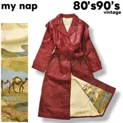 80s90sヴィンテージ my nap 裏地ラクダ柄 Aライン レザー ロングコート アウター ジャケット レトロ古着 9 ワインレッド レディース ♪