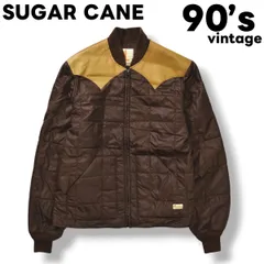 【希少】 90s ヴィンテージ シュガーケーン カリフォルニア SUGAR CANE CALIFORNIA レザー ヨーク キルティング ジャケット 中綿 切替 ジャンパー ウィンドブレーカー ブラウン メンズ