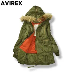 【美品】 アヴィレックス AVIREX ナイロン モッズ コート テープポケット ジャケット フード ファー 付属 中綿 M オリーブ x オレンジ ミリタリー アメリカン カジュアル レディース ♪