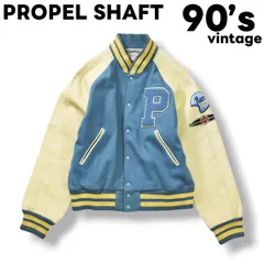 90s ヴィンテージ 日本製 PROPEL SHAFT セミデコ ワッペン スタジャン 世田谷ベース スタジアム ジャケット ウール レザー 切替 ラグランスリーブ ジャンパー ブルゾン FREE ライトブルー x ホワイト アメカジ メンズ