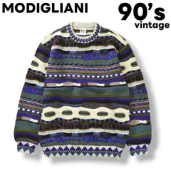 【人気】 90s ヴィンテージ モディリアーニ MODIGLIANI 3D ニット セーター ローゲージ クルーネック ウールマーク M 総柄 マルチカラー レトロ カジュアル メンズ