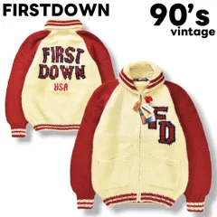 【未使用】 【タグ付き】 90s ヴィンテージ ファーストダウン FIRSTDOWN ハンドメイド カウチン ニット セーター  ピュアニューウール マーク入り   M クリーム x レッド メンズ