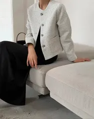 ツイード ノーカラー ジャケット アイボリー