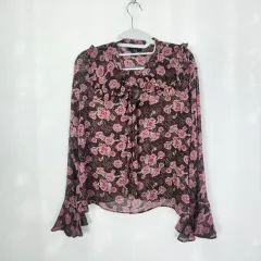 0392 フラワー プリント ブラウン シフォン ブラウス レース ビック襟 フリーサイズ