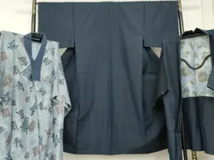 平和屋着物●男性　紬　アンサンブル　長襦袢(袷)セット　色無地　紺青色　正絹　逸品　AABD6386cs