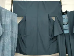 平和屋着物●男性　紬　アンサンブル　長襦袢(無双仕立て)セット　色無地　青褐色　洗える着物　AABD7438ck