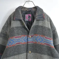80〜90s CREEKS クリークス ネイティブ柄 ウール ジャケット ブランケット コート アウター 中綿入り グレー キリム オルテガ トライバル ヴィンテージ ビンテージ 古着 メンズL〜XL相当