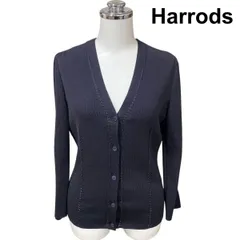 ◆ ハロッズ Harrods カーディガン 七分袖 Vネック ニット トップス 前ボタン ネイビー コットン S 7号 レディース H5Y094
